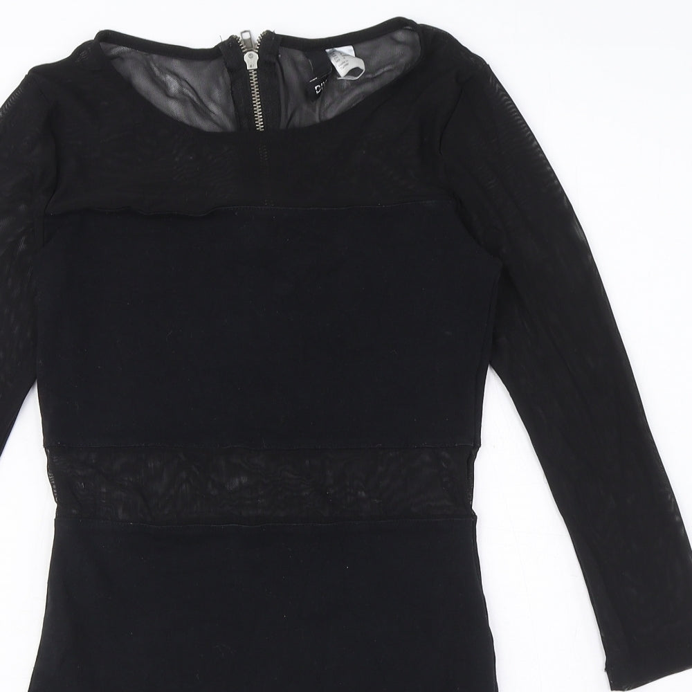 89th & Madison Womens Black Cotton Mini Size 6 Round Neck Zip - Mesh Cut Out Detail