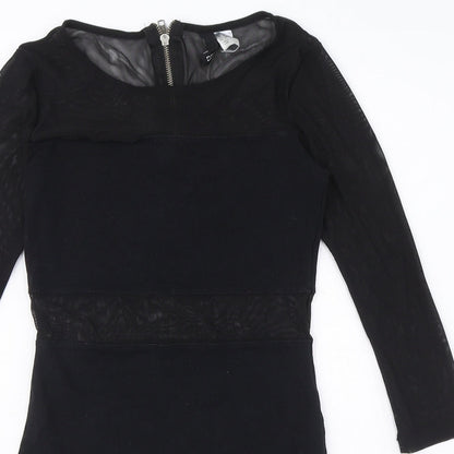 89th & Madison Womens Black Cotton Mini Size 6 Round Neck Zip - Mesh Cut Out Detail