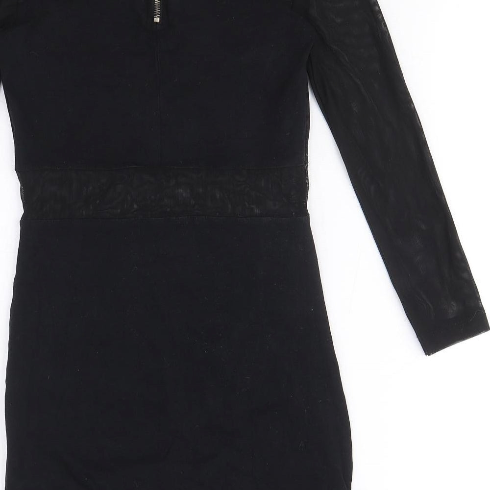 89th & Madison Womens Black Cotton Mini Size 6 Round Neck Zip - Mesh Cut Out Detail