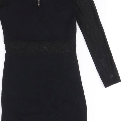 89th & Madison Womens Black Cotton Mini Size 6 Round Neck Zip - Mesh Cut Out Detail