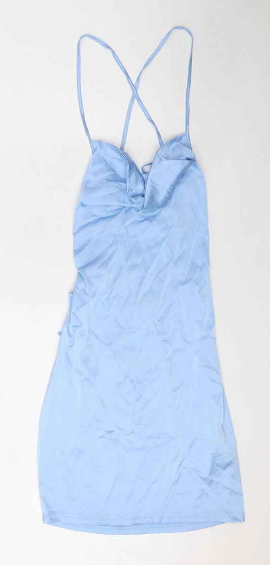 NAANAA Womens Blue Polyester Slip Dress Size 12 Cowl Neck Zip