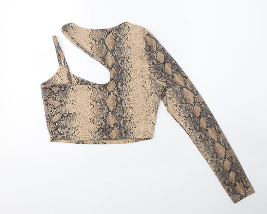 Nasty Gal Womens Brown Animal Print Polyester Cropped T-Shirt Size 6 One Shoulder - Snake Print