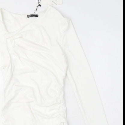 Zara Womens White Polyester Mini Size S One Shoulder Zip - Cut Out Detail