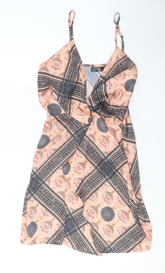 Missguided Womens Orange Paisley Polyester Mini Size 8 V-Neck Zip