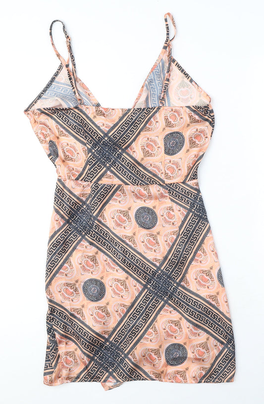 Missguided Womens Orange Paisley Polyester Mini Size 8 V-Neck Zip