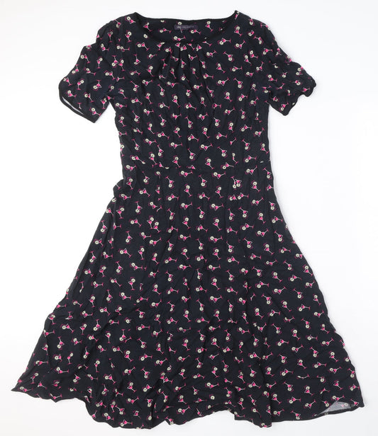 Marks and Spencer Womens Black Geometric Viscose A-Line Size 8 Boat Neck Zip - Cocktail Print