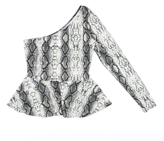 ASOS Womens Black Animal Print Polyester Basic T-Shirt Size 10 One Shoulder - Snakeskin Print