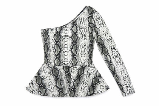 Front view of ASOS women’s black animal print polyester basic t-shirt, size UK 10, one shoulder - snakeskin print