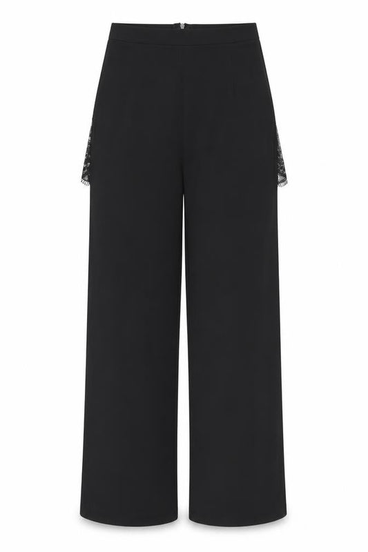 Front view of ASOS women’s black polyester trousers, size UK 8, 29.5-inch leg regular zip - lace detail thigh split