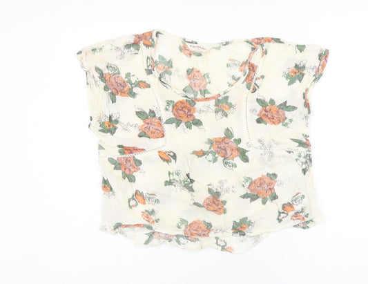 Miss Selfridge Womens White Floral Viscose Jersey T-Shirt Size 10 Scoop Neck