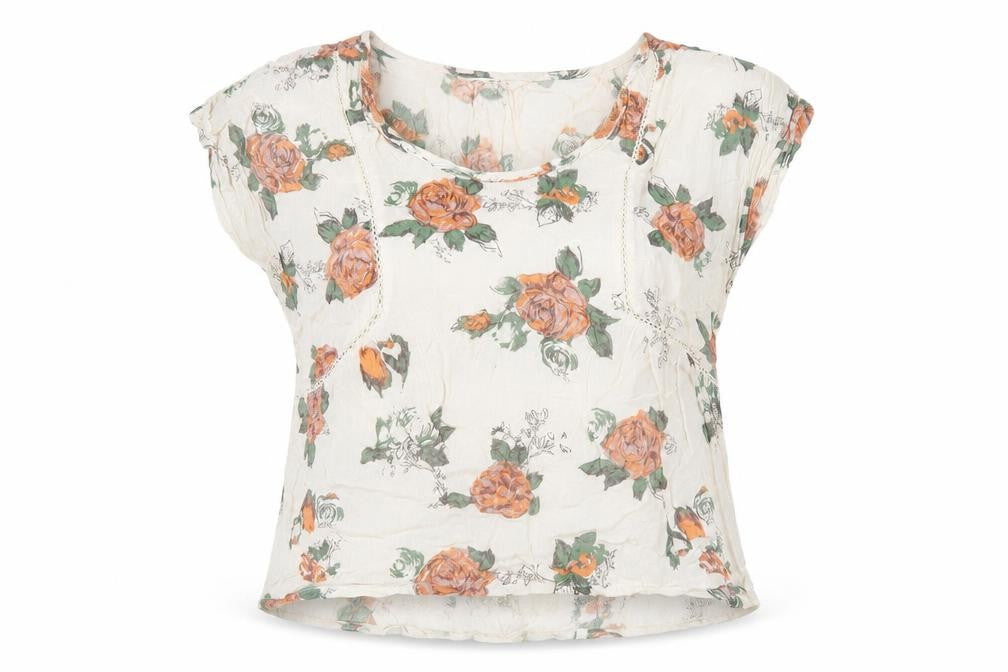 Front view of Miss Selfridge women’s white floral viscose jersey t-shirt, size UK 10, scoop neck