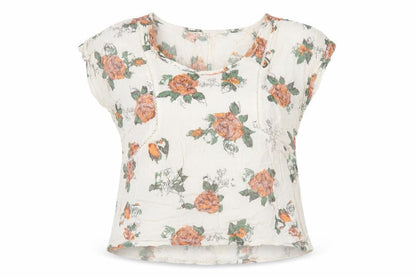 Front view of Miss Selfridge women’s white floral viscose jersey t-shirt, size UK 10, scoop neck