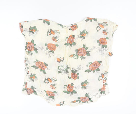 Miss Selfridge Womens White Floral Viscose Jersey T-Shirt Size 10 Scoop Neck