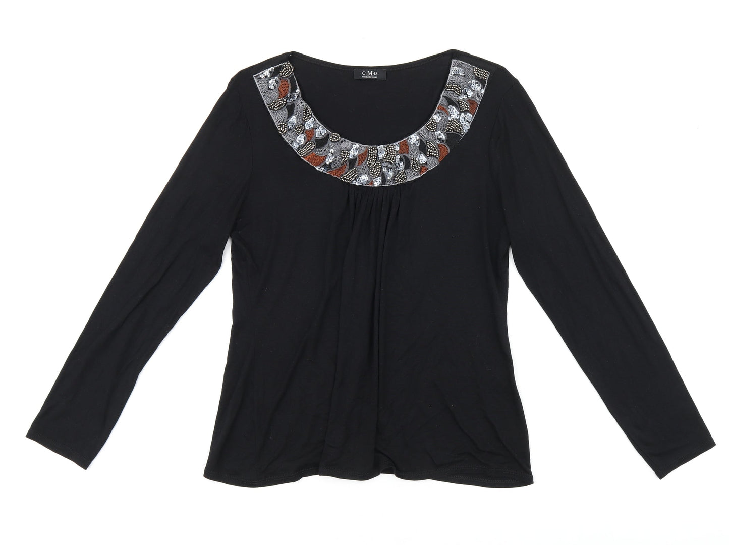 C.M.D Womens Black Viscose Jersey T-Shirt Size M Scoop Neck - Embroidered Detail