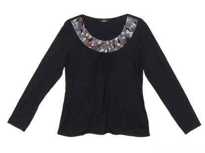 C.M.D Womens Black Viscose Jersey T-Shirt Size M Scoop Neck - Embroidered Detail