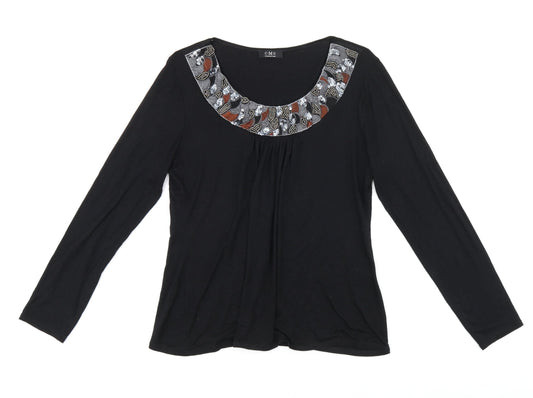 C.M.D Womens Black Viscose Jersey T-Shirt Size M Scoop Neck - Embroidered Detail