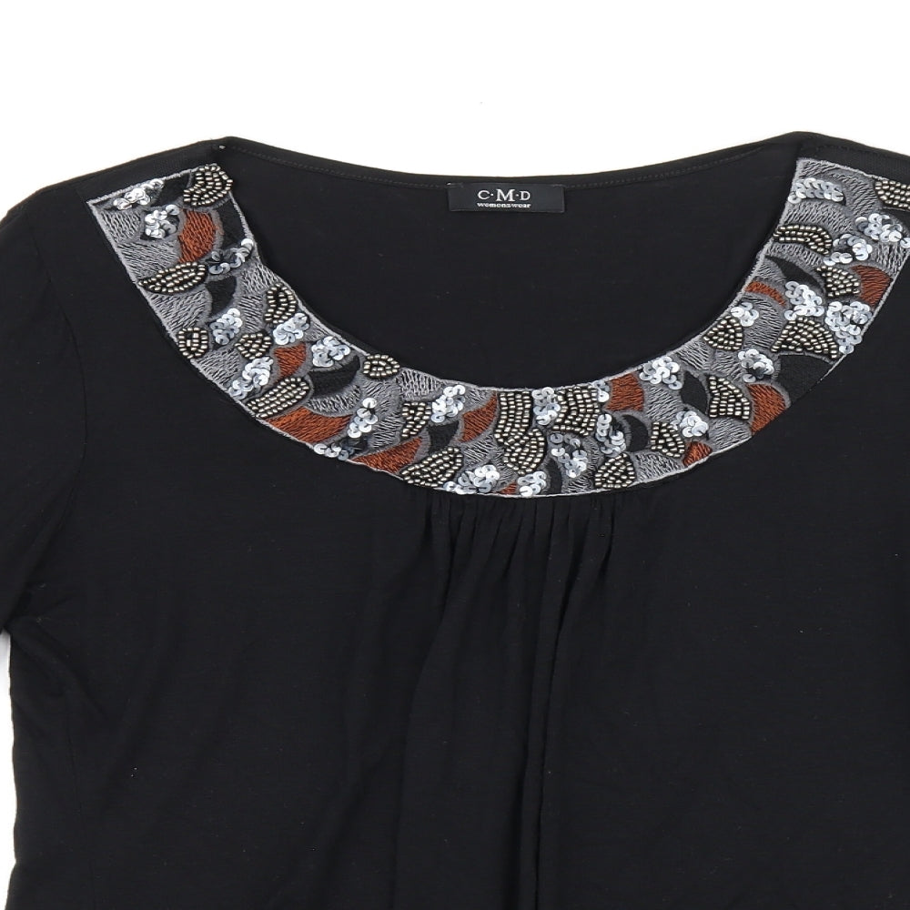 C.M.D Womens Black Viscose Jersey T-Shirt Size M Scoop Neck - Embroidered Detail