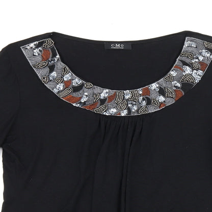 C.M.D Womens Black Viscose Jersey T-Shirt Size M Scoop Neck - Embroidered Detail
