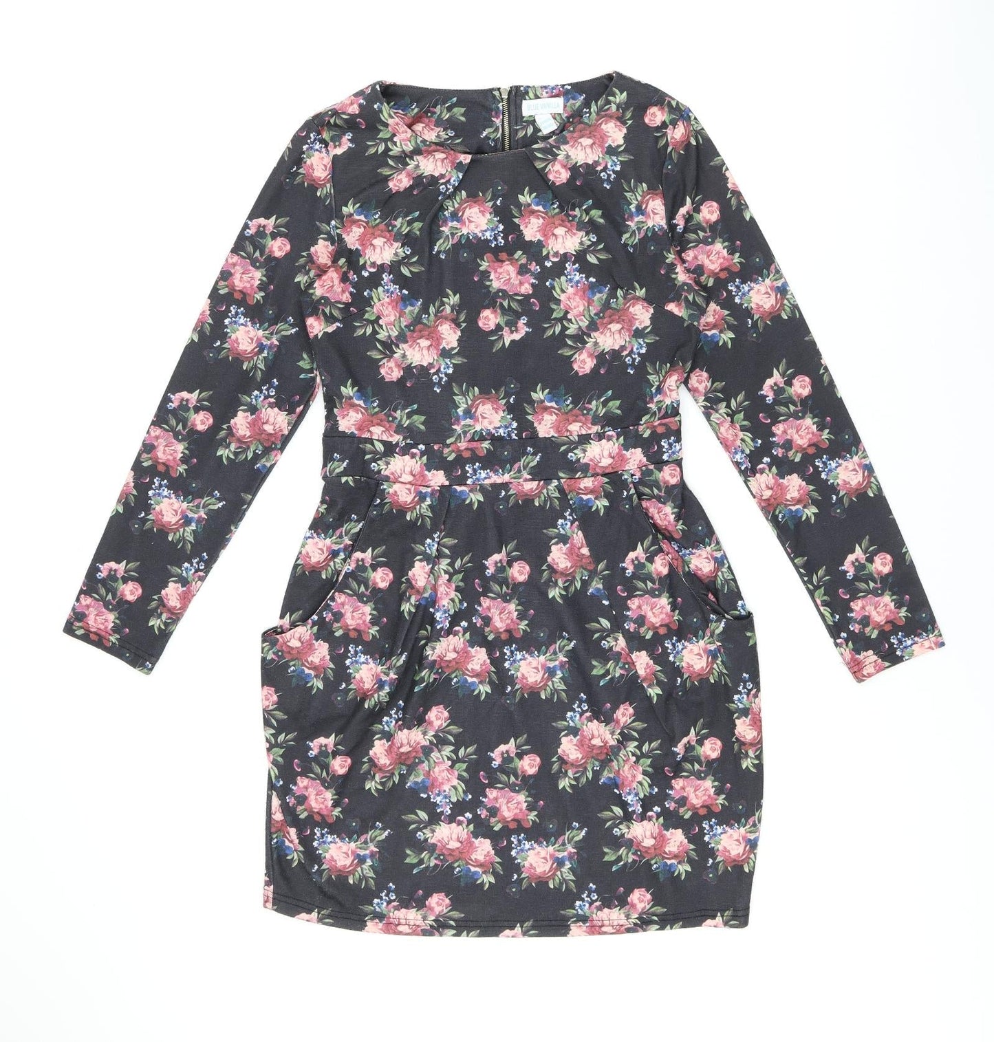 Blue Vanilla Womens Black Floral Polyester Bodycon Size 12 Boat Neck Zip