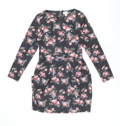 Blue Vanilla Womens Black Floral Polyester Bodycon Size 12 Boat Neck Zip