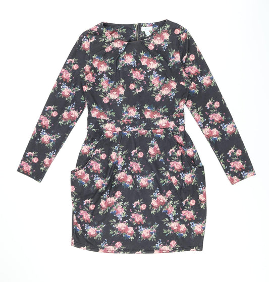 Blue Vanilla Womens Black Floral Polyester Bodycon Size 12 Boat Neck Zip