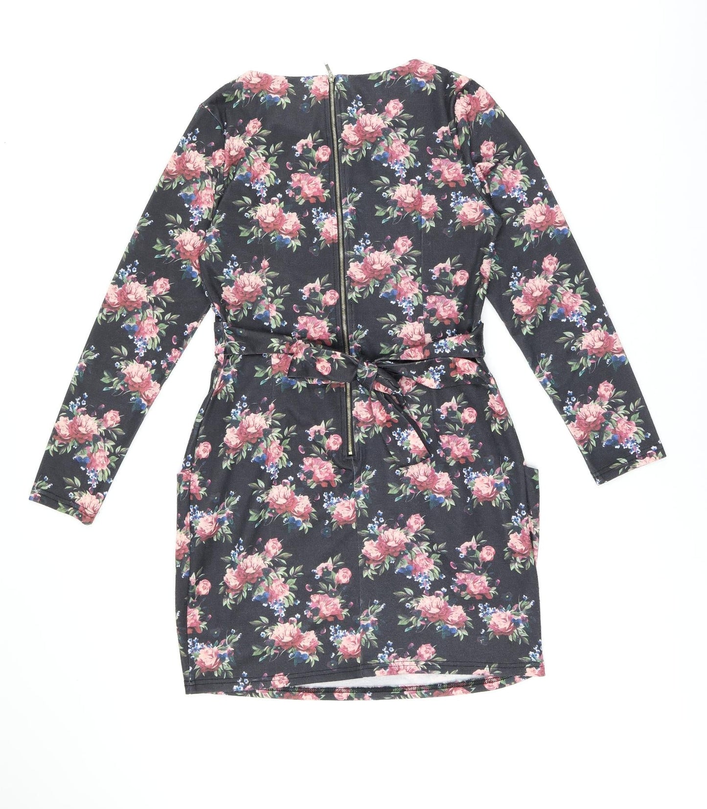 Blue Vanilla Womens Black Floral Polyester Bodycon Size 12 Boat Neck Zip