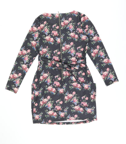 Blue Vanilla Womens Black Floral Polyester Bodycon Size 12 Boat Neck Zip