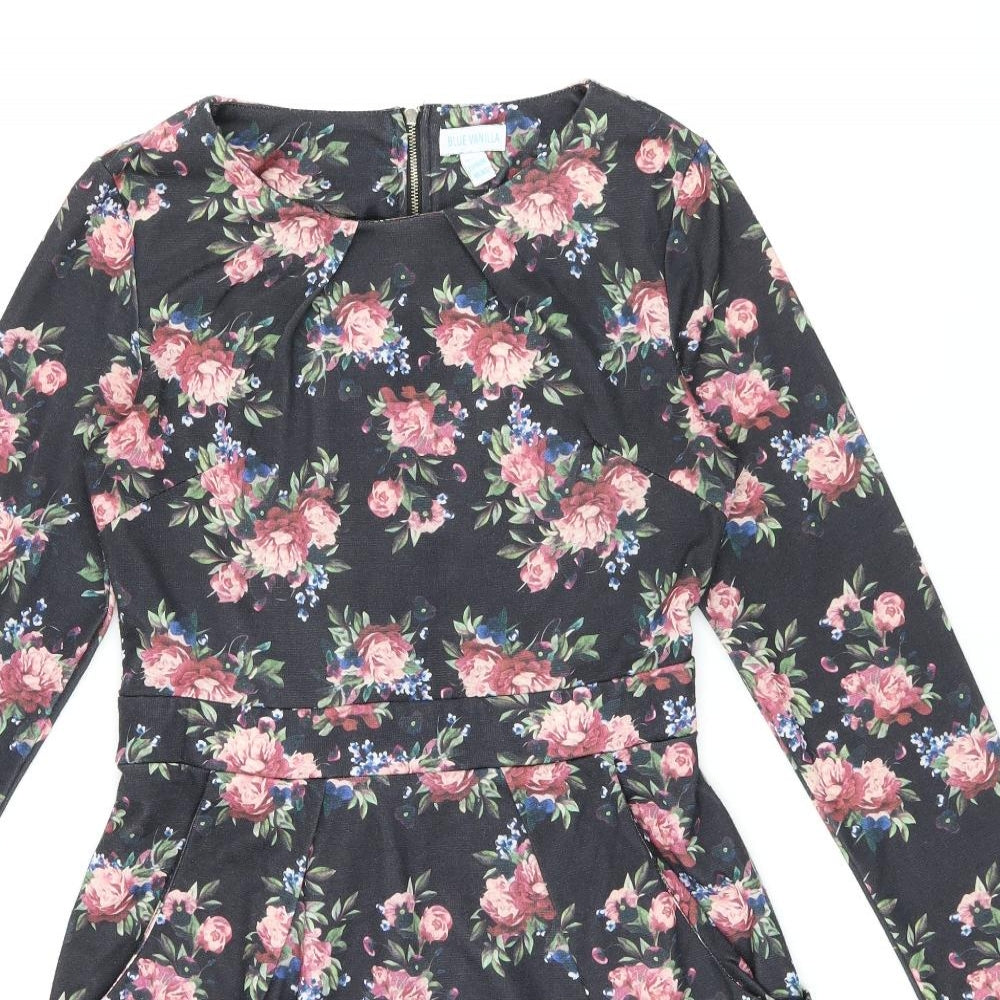 Blue Vanilla Womens Black Floral Polyester Bodycon Size 12 Boat Neck Zip