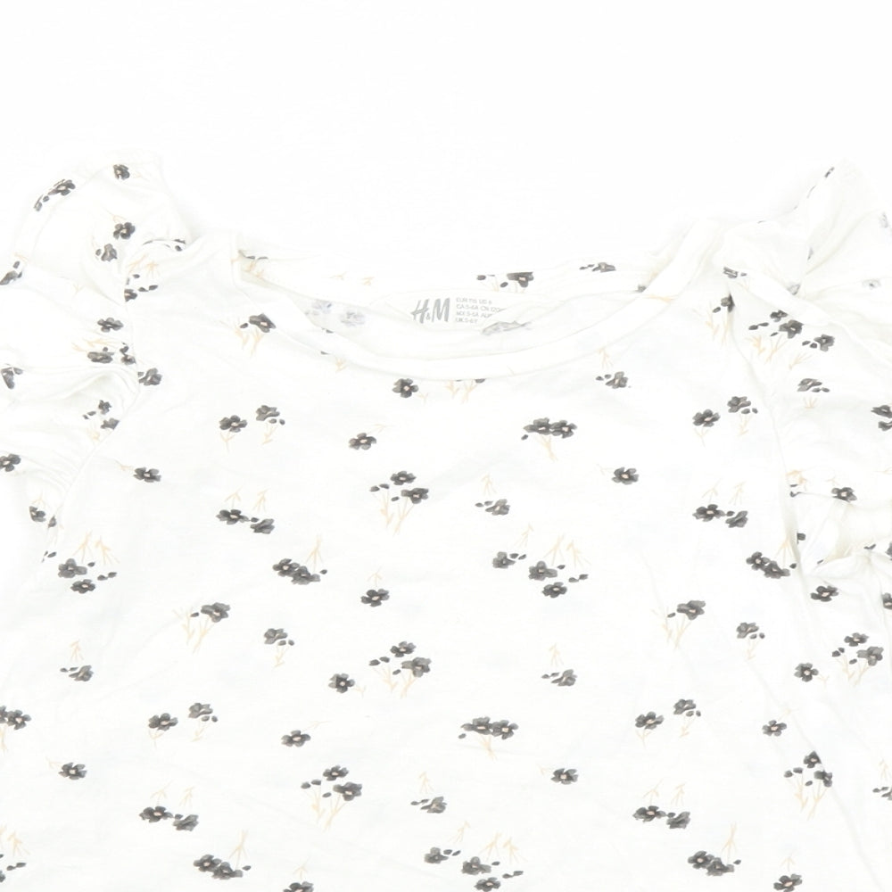 H&M Boys Ivory Floral Cotton Basic T-Shirt Size 5-6 Years Round Neck Pullover