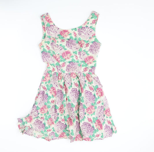 Topshop Womens Multicoloured Floral Cotton Mini Size 6 Scoop Neck Zip - Bow