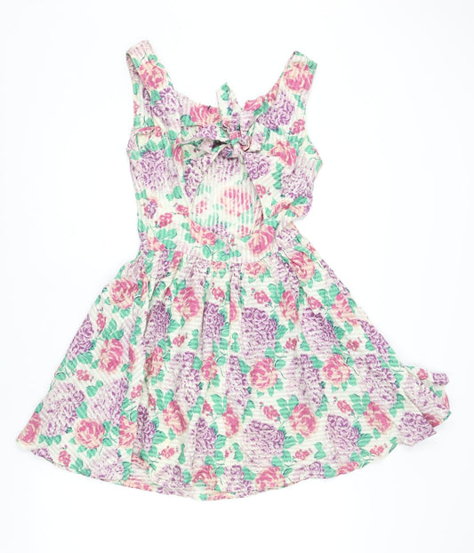 Topshop Womens Multicoloured Floral Cotton Mini Size 6 Scoop Neck Zip - Bow