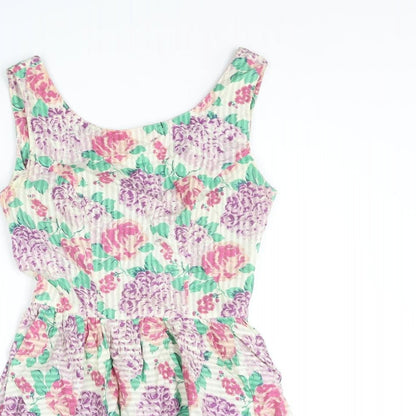 Topshop Womens Multicoloured Floral Cotton Mini Size 6 Scoop Neck Zip - Bow