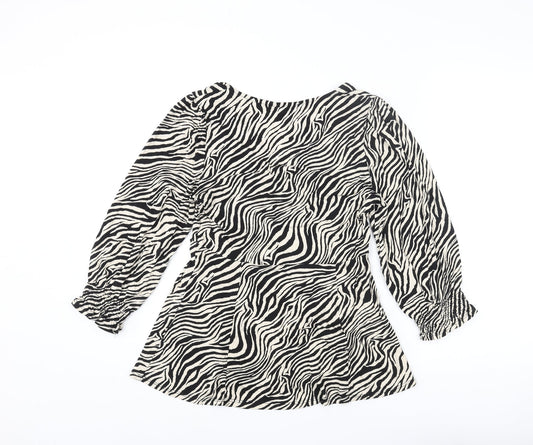 Friends Like These Womens Beige Animal Print Viscose Basic Blouse Size 8 V-Neck - Tiger Print Peplum