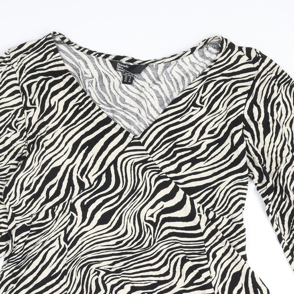 Friends Like These Womens Beige Animal Print Viscose Basic Blouse Size 8 V-Neck - Tiger Print Peplum