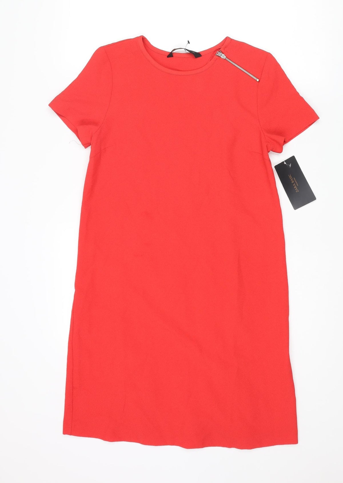 Zara Womens Red Polyester Shift Size XS Round Neck Zip - Pleated