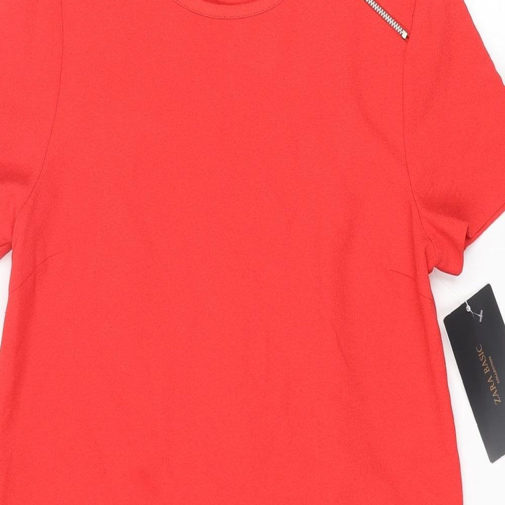 Zara Womens Red Polyester Shift Size XS Round Neck Zip - Pleated