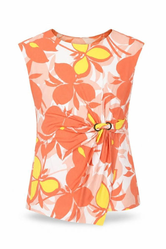 Front view of Roman women’s orange floral polyester camisole blouse, size UK 12, round neck - buckle