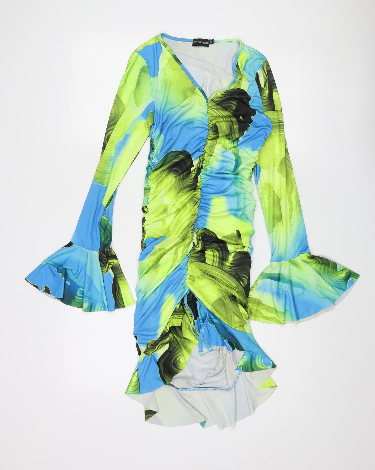 PRETTYLITTLETHING Womens Multicoloured Geometric Polyester Bodycon Size 8 V-Neck Pullover - Rouched Frill