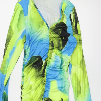 PRETTYLITTLETHING Womens Multicoloured Geometric Polyester Bodycon Size 8 V-Neck Pullover - Rouched Frill