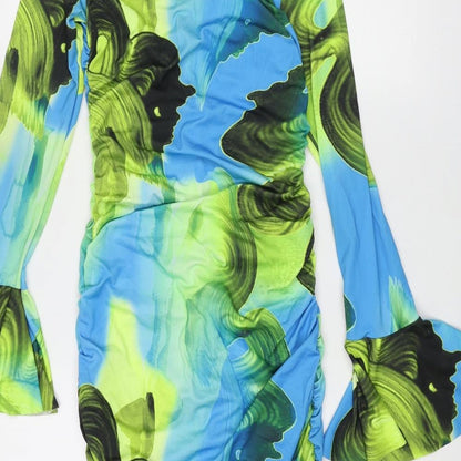 PRETTYLITTLETHING Womens Multicoloured Geometric Polyester Bodycon Size 8 V-Neck Pullover - Rouched Frill