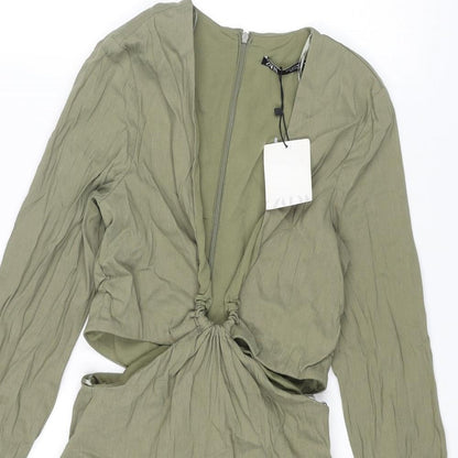 Zara Womens Green Linen Bodycon Size S V-Neck Zip - Cut Out Rouched