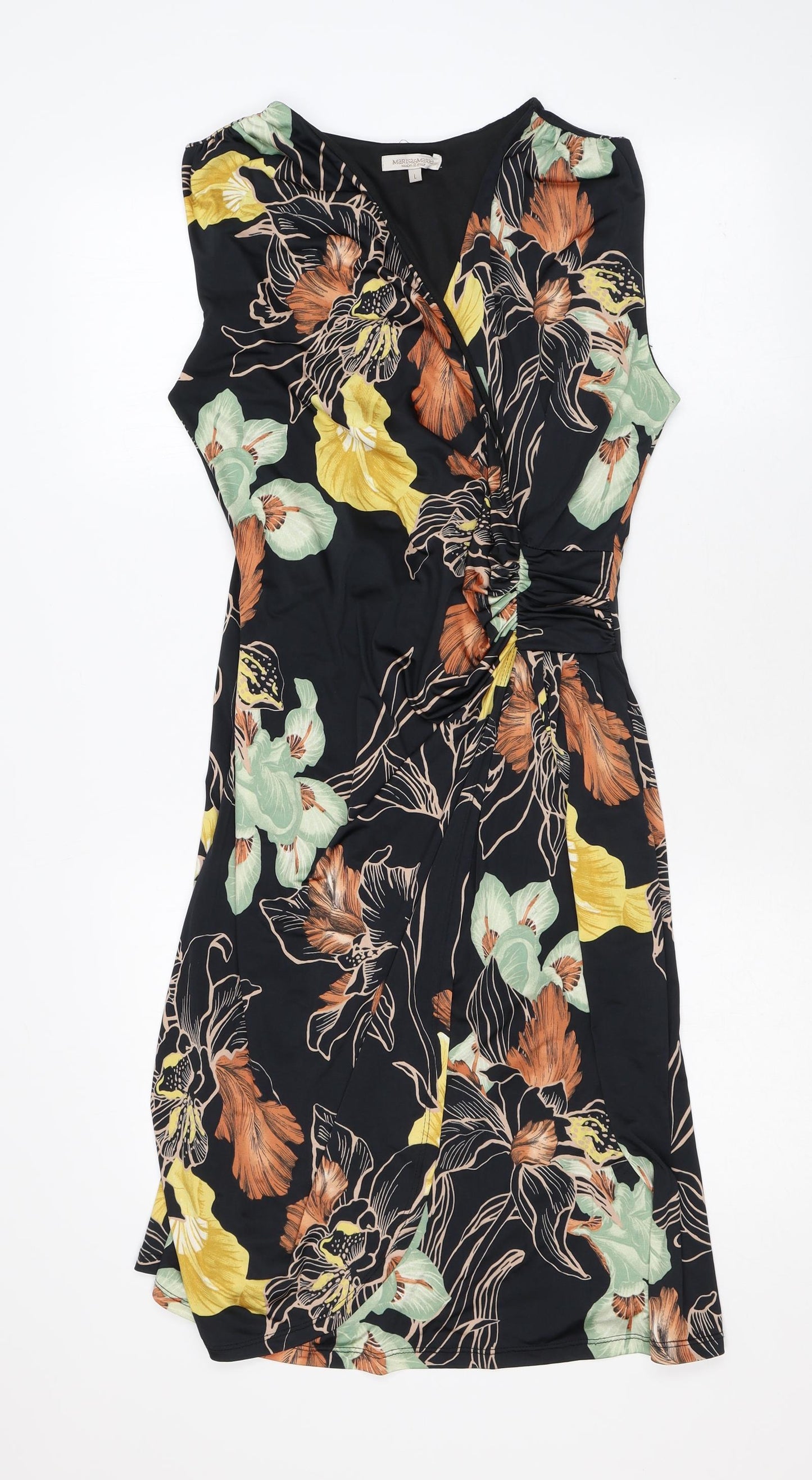 Marisa & Marie Womens Black Floral Polyester Wrap Dress Size L V-Neck Pullover