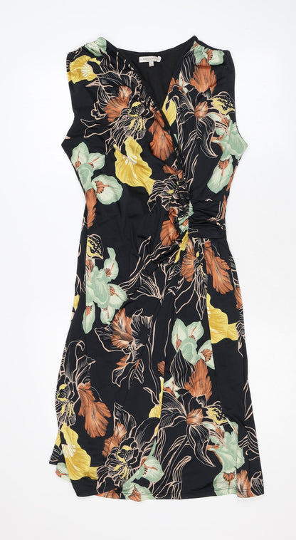Marisa & Marie Womens Black Floral Polyester Wrap Dress Size L V-Neck Pullover
