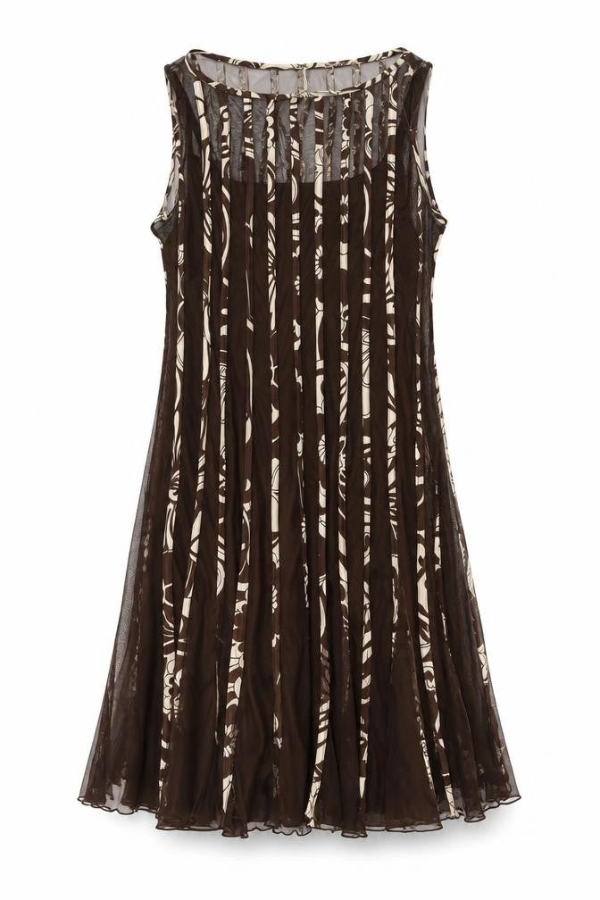 Sandra Darren Womens Brown Geometric Polyester A-Line Size 12 Round Neck Hook & Eye