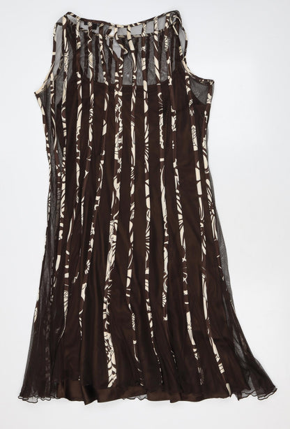 Sandra Darren Womens Brown Geometric Polyester A-Line Size 12 Round Neck Hook & Eye