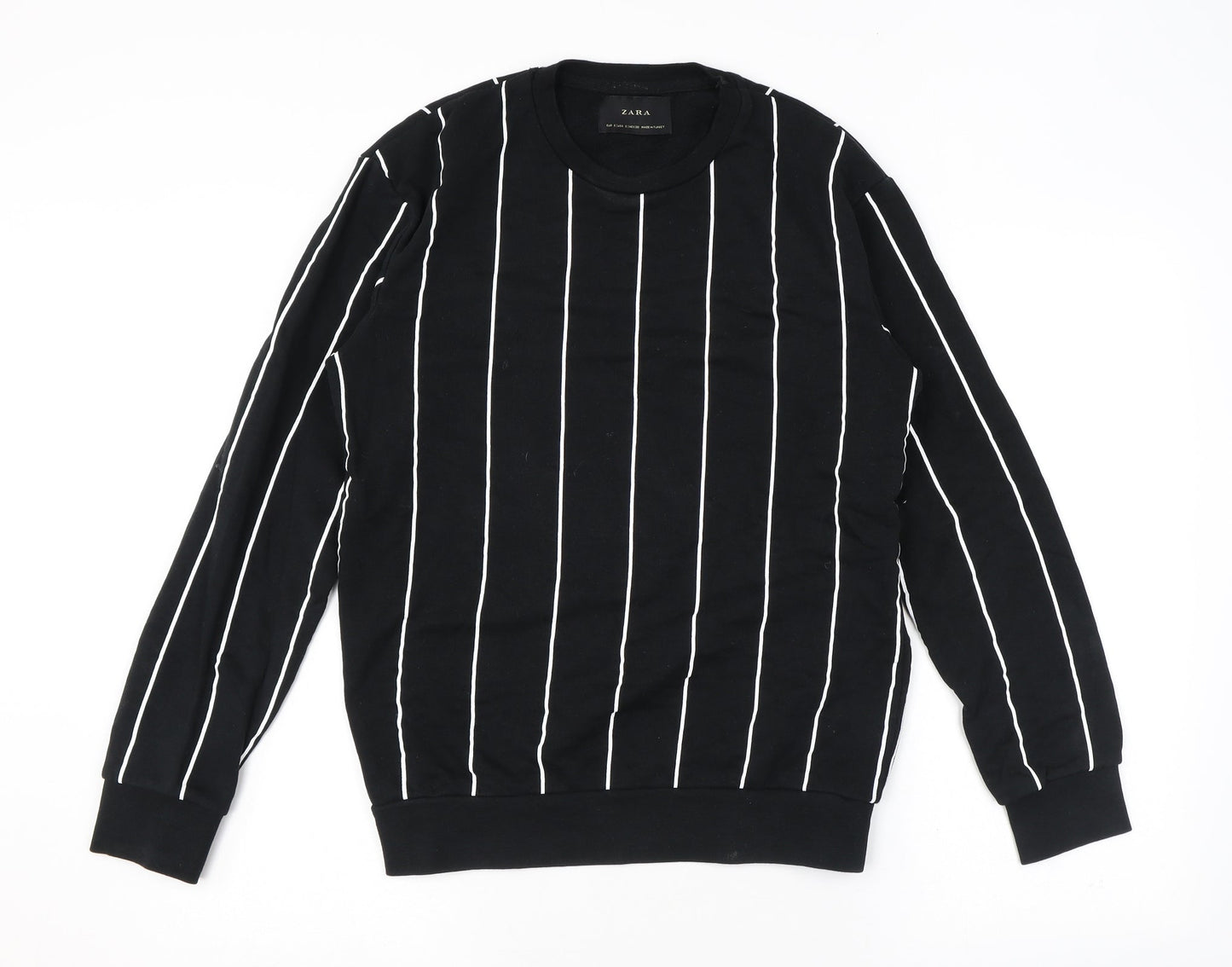 Zara Mens Black Striped Polyester Pullover Sweatshirt Size S