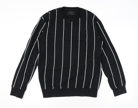 Zara Mens Black Striped Polyester Pullover Sweatshirt Size S