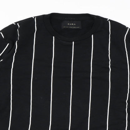 Zara Mens Black Striped Polyester Pullover Sweatshirt Size S
