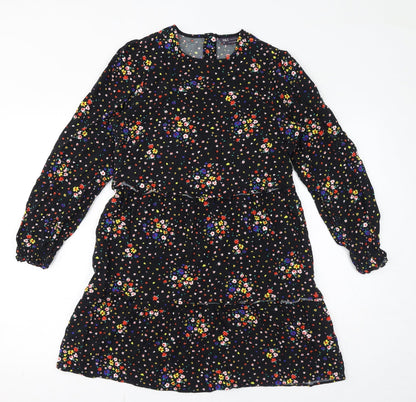 Marks and Spencer Womens Black Floral Viscose Mini Size 10 Round Neck Button - Tiered Smock