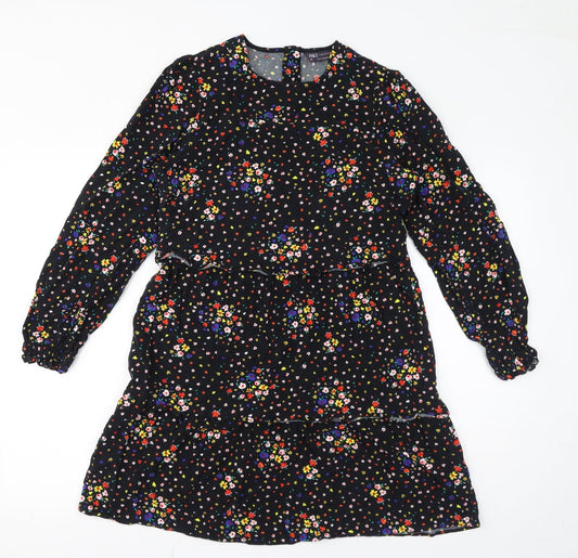 Marks and Spencer Womens Black Floral Viscose Mini Size 10 Round Neck Button - Tiered Smock